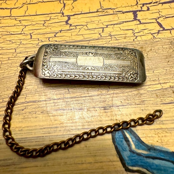 Vintage Etched Silver Top Tie Bar with Chain - Picture 2 of 3